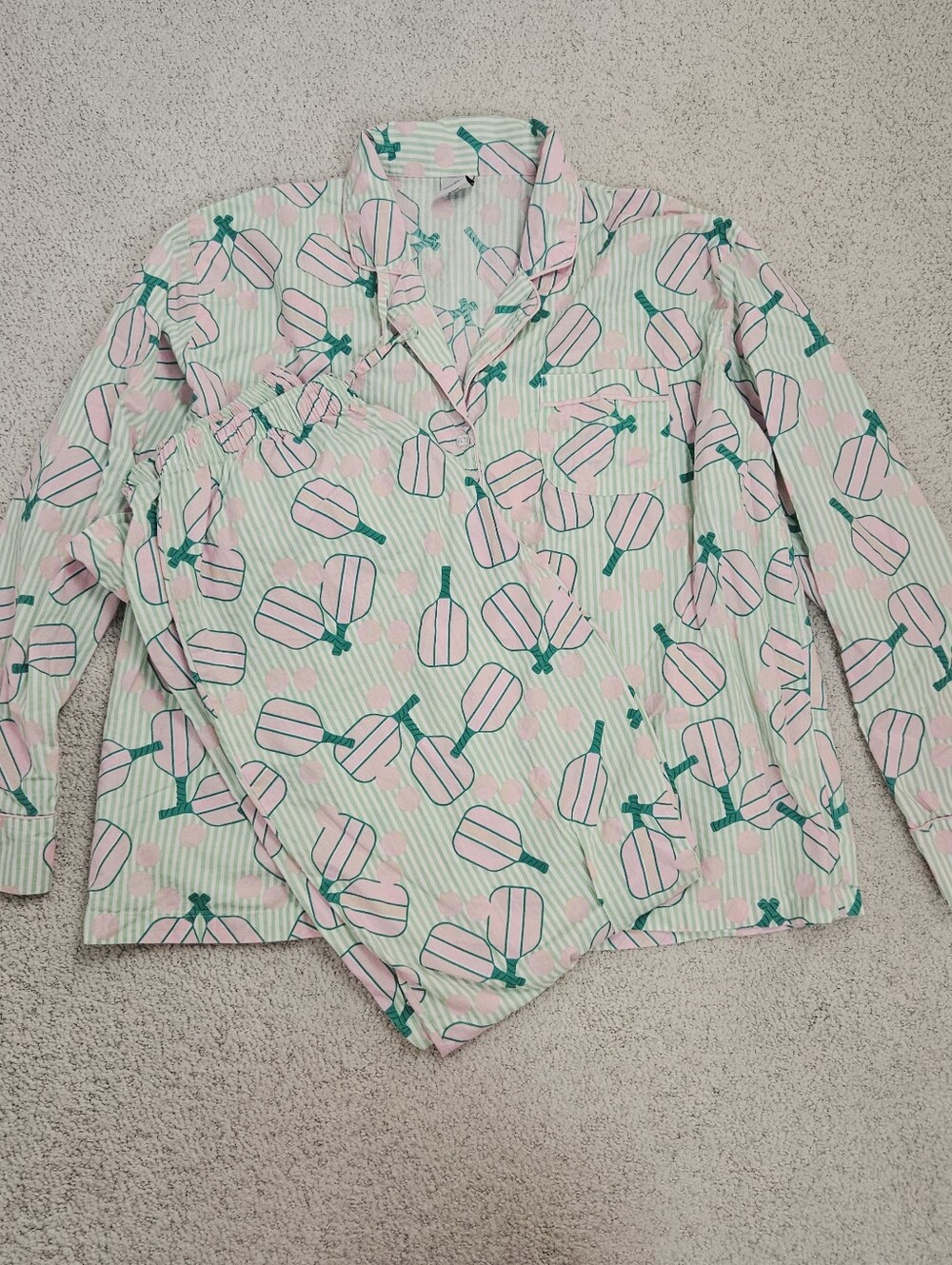 8 Oak Lane Pickleball Pajama Set Womens L XL Long Sleeve Button Up Pants